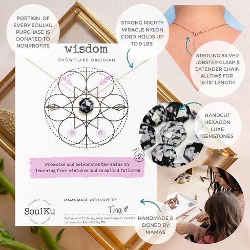 SoulKu Sacred Geometry Necklace, Crystal Pendant Necklace for Women, Jewelry with Healing Gemstone, 16" Nylon Cord with 2" Sterling Silver Extender (Snowflake, Wisdom) in Saudi Arabia
