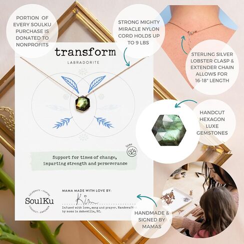 قلادة الهندسة المقدسة من SoulKu، قلادة كريستال للنساء، مجوهرات مع أحجار كريمة علاجية، سلك نايلون 40.64 سم مع موسع من الفضة الإسترلينية 2 بوصة (ندفة الثلج، الحكمة) in Kuwait