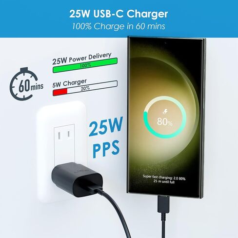 شاحن فائق السرعة من النوع C، شاحن حائط USB C بقدرة 25 وات PD شحن سريع مع كابل شاحن طويل من النوع C بطول 10 أقدام لهاتف Samsung Galaxy S26 Ultra/S26/S26+/S25 Ultra/S25/24 Ultra/S24/S23 Ultra/S22 Ultra (عبوتان) in Kuwait
