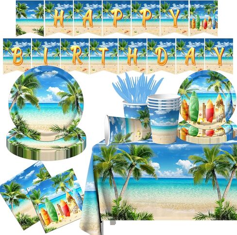 ديكورات حفلات الشاطئ، 142 قطعة من لوازم حفلات أعياد الميلاد على الشاطئ، أطباق ورقية صيفية، مناديل مائدة هاواي لتزيين حفلات أعياد الميلاد الصيفية in Kuwait