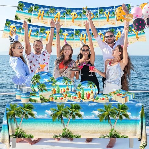 ديكورات حفلات الشاطئ، 142 قطعة من لوازم حفلات أعياد الميلاد على الشاطئ، أطباق ورقية صيفية، مناديل مائدة هاواي لتزيين حفلات أعياد الميلاد الصيفية in Kuwait