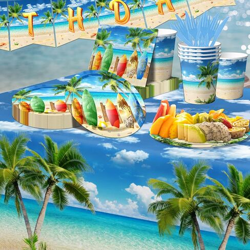 ديكورات حفلات الشاطئ، 142 قطعة من لوازم حفلات أعياد الميلاد على الشاطئ، أطباق ورقية صيفية، مناديل مائدة هاواي لتزيين حفلات أعياد الميلاد الصيفية in Kuwait