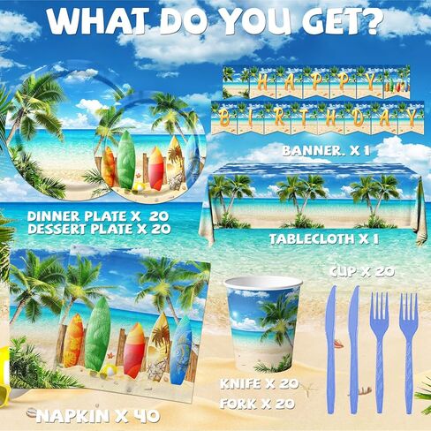 ديكورات حفلات الشاطئ، 142 قطعة من لوازم حفلات أعياد الميلاد على الشاطئ، أطباق ورقية صيفية، مناديل مائدة هاواي لتزيين حفلات أعياد الميلاد الصيفية in Kuwait