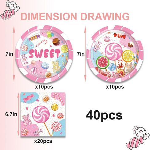 40pcs Candie Birthday Party Supplies Disposable Paper Plates Napkins for candie Girl Party Birthday Decorations, Serve 20, aa in Saudi Arabia