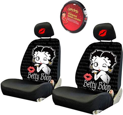 جديد Betty Boop أغطية مقاعد السيارة الأمامية المنخفضة الخلفية وغطاء عجلة القيادة غطاء مسند الرأس المطرز بقبلة (عجلة القيادة) in Kuwait