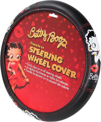 جديد Betty Boop أغطية مقاعد السيارة الأمامية المنخفضة الخلفية وغطاء عجلة القيادة غطاء مسند الرأس المطرز بقبلة (عجلة القيادة) in Kuwait
