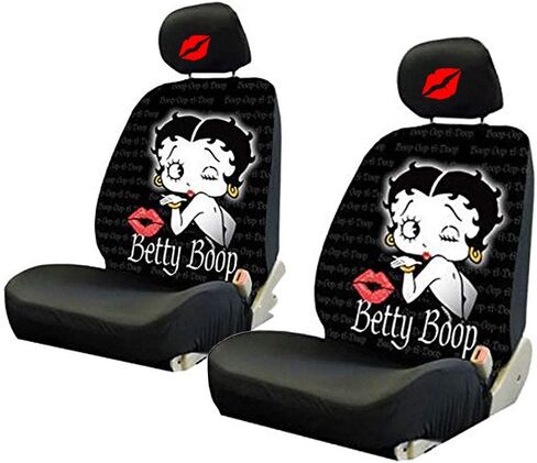 جديد Betty Boop أغطية مقاعد السيارة الأمامية المنخفضة الخلفية وغطاء عجلة القيادة غطاء مسند الرأس المطرز بقبلة (عجلة القيادة) in Kuwait