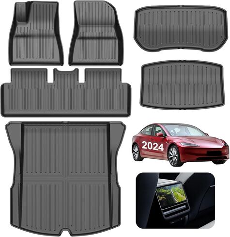 2024 إصدار جديد من Tesla Model 3 سجادات أرضية هايلاند تناسب جميع الأحوال الجوية TPE Cargo Liner Cargo Cargo Accessories، متوافقة مع 2021 2022 Tesla Model 3 (2024 Model 3 طقم سجادة أرضية كاملة مكون من 6 قطع) in Kuwait