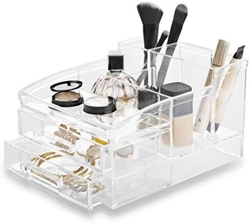 BINO The Free Spirit' 8 Compartment Acrylic Makeup and Jewelry Organizer with 2 Removable Drawers, Clear and Transparent Cosmetic Beauty Vanity Holder Storage in Kuwait
