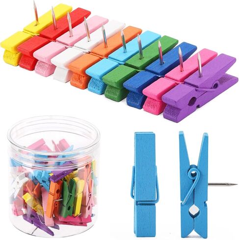 60PCS Colorful Push Pin with Wooden Clips, Decorative Pushpins Tacks Thumbtacks for Cork Board Artworks Notes Photos, Craft Projects, Offices and Homes in Saudi Arabia