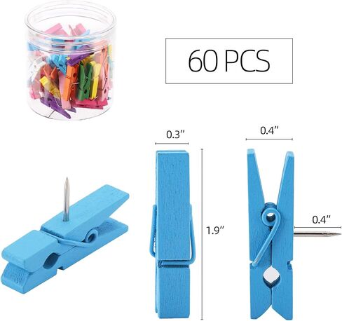 60PCS Colorful Push Pin with Wooden Clips, Decorative Pushpins Tacks Thumbtacks for Cork Board Artworks Notes Photos, Craft Projects, Offices and Homes in Saudi Arabia