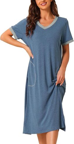 Women V Neck Nightshirt Long Basic Slit Nightgown Big Pockets Short Sleeve Sleepshirt in Saudi Arabia