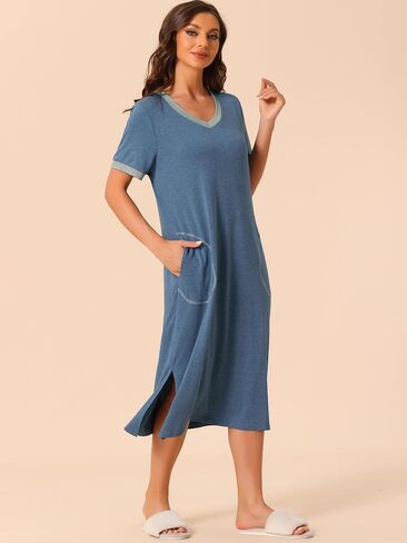Women V Neck Nightshirt Long Basic Slit Nightgown Big Pockets Short Sleeve Sleepshirt in Saudi Arabia