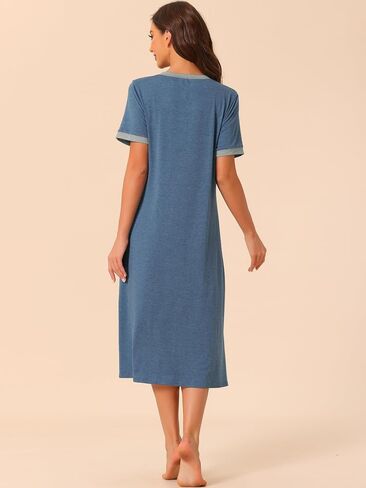 Women V Neck Nightshirt Long Basic Slit Nightgown Big Pockets Short Sleeve Sleepshirt in Saudi Arabia