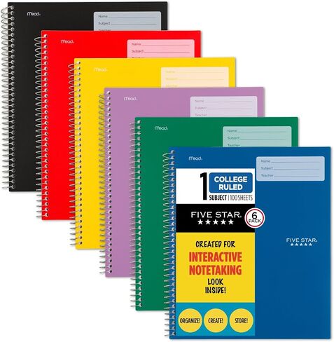 Five Star Interactive Notetaking Spiral Notebooks, 6 Pack, 1 Subject, College Ruled Paper, 11" x 8-1/2", 100 Sheets, Assorted Colors (820019-ECM) in Saudi Arabia