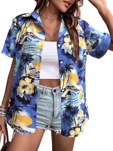 Hawaiian Shirts Women Hawaii Tshirt Cool Floral Tropic Print Graphic Tees Tops Button Up Summer Vacation Shirt in Kuwait