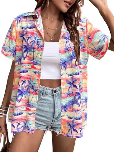 Hawaiian Shirts Women Hawaii Tshirt Cool Floral Tropic Print Graphic Tees Tops Button Up Summer Vacation Shirt in Kuwait