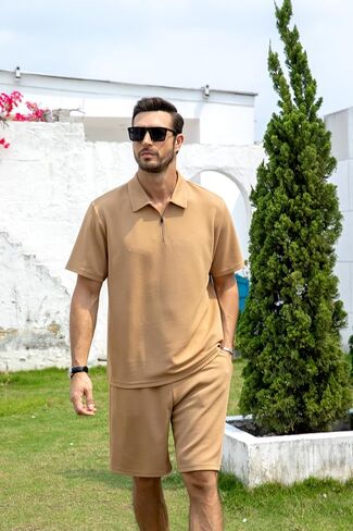 ZPB Men's Polo Shirt and Shorts Set Summer Outfits tracksuit Fashion Casual Short Sleeve Zip Golf Suit for Men 2 Piece Short in Saudi Arabia