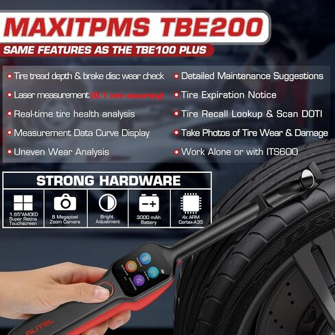جهاز فحص فرامل الإطارات Autel MaxiTPMS TBE200(E): 2024 لتر ~ اختبار عمق مداس الإطارات وأقراص الفرامل، شاشة لمس AMOLED مقاس 1.65 بوصة، ترقية TBE100، مسح DOT، كاميرا مزدوجة، نصائح إصلاح تعمل مع ITS600(PRO) in Saudi Arabia