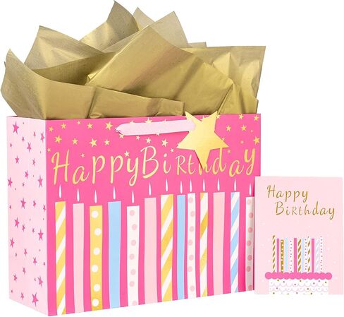 MAYPLUSS 16" Birthday Large Gift Bag with Greeting Card and Tissue Paper for Birhtday - Black Gold Foil Candle Design in Kuwait