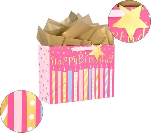 MAYPLUSS 16" Birthday Large Gift Bag with Greeting Card and Tissue Paper for Birhtday - Black Gold Foil Candle Design in Kuwait