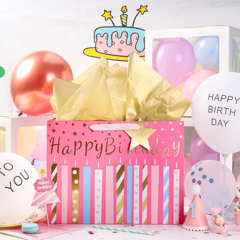 MAYPLUSS 16" Birthday Large Gift Bag with Greeting Card and Tissue Paper for Birhtday - Black Gold Foil Candle Design in Kuwait