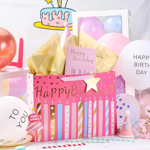 MAYPLUSS 16" Birthday Large Gift Bag with Greeting Card and Tissue Paper for Birhtday - Black Gold Foil Candle Design in Kuwait