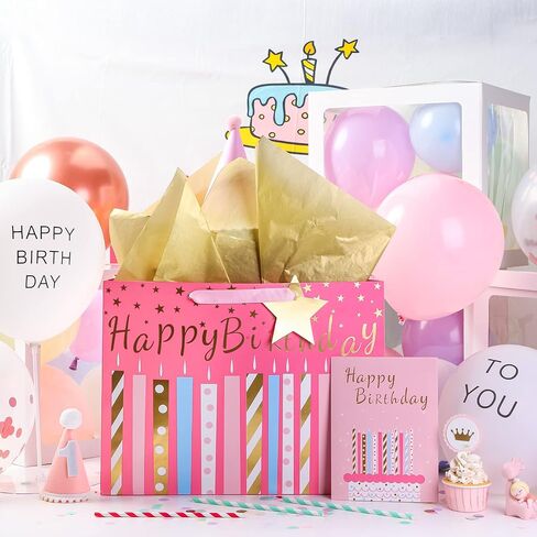 MAYPLUSS 16" Birthday Large Gift Bag with Greeting Card and Tissue Paper for Birhtday - Black Gold Foil Candle Design in Kuwait