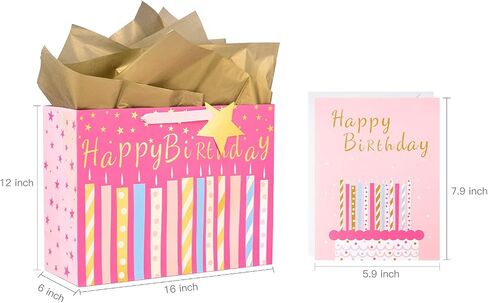 MAYPLUSS 16" Birthday Large Gift Bag with Greeting Card and Tissue Paper for Birhtday - Black Gold Foil Candle Design in Kuwait