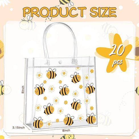 Paterr 20 Pcs Bee Clear Plastic Gift Bags with Handles PVC Goodie Treat Bags for Kids Birthday Party Favor Bee Party Sweet as Can Bee Gender Reveal Baby Shower Decor, 8 x 8 x 3.15 Inch in Kuwait
