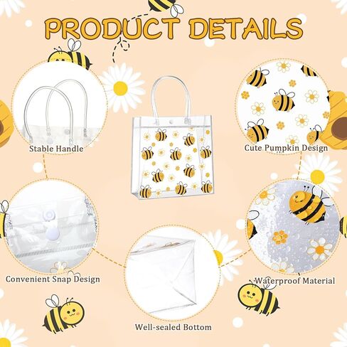 Paterr 20 Pcs Bee Clear Plastic Gift Bags with Handles PVC Goodie Treat Bags for Kids Birthday Party Favor Bee Party Sweet as Can Bee Gender Reveal Baby Shower Decor, 8 x 8 x 3.15 Inch in Kuwait