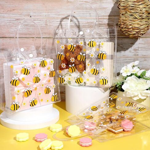 Paterr 20 Pcs Bee Clear Plastic Gift Bags with Handles PVC Goodie Treat Bags for Kids Birthday Party Favor Bee Party Sweet as Can Bee Gender Reveal Baby Shower Decor, 8 x 8 x 3.15 Inch in Kuwait