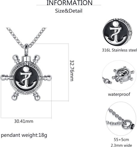 قلادة جرة الدفة البحرية للرماد البوصلة عجلة السفينة الحرق تذكار قلادة تذكارية مجوهرات للنساء الفتيات in Kuwait