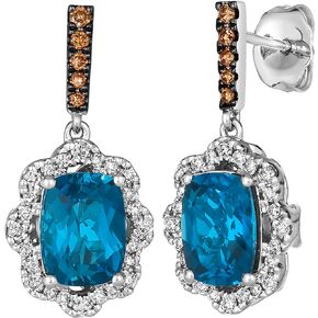 LE VIAN 2/5 Carat Diamond and 2 1/2 Carat Cushion Cut Blue Topaz Drop Earrings for Women in 14k White Gold (White/Fancy Brown, cttw) Halo Earrings with Push Backs