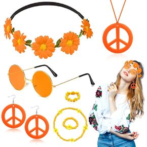 7 Pcs Hippie Costume Accessories Set Women, 60s 70s Party Dressing Accessory Peace Sign Necklace Party Decorations for Party