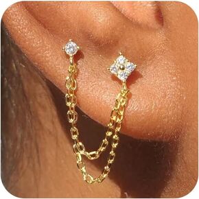 Double Piercing Earrings Zircon Stud Earrings for Women|Hypoallergenic Earring Sets for Multiple Piercing|Stering Silver/Gold Chain Earrings Jewelry for Gift