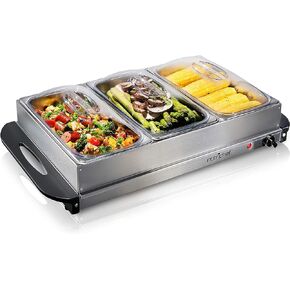 NutriChef Food Warming Tray - 2-in-1 Electric Buffet Server & Hot Plate, 3 Removable Sectional Trays, Rotary Control Temperature, Stainless Steel, Easy-to-Clean, Convenient Carry Handles