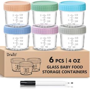 6 Pack Glass Baby Food Storage Containers - 4 Oz Baby Food Jars with Lids Baby Food Maker Microwave Dishwasher Freezer Safe 100% Leak Proof BPA Free Reusable