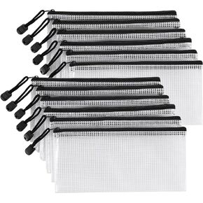 12 Pieces Clear Plastic Mesh Zip Pouch - Document Holder, Pencil Case, Waterproof Storage for Office Supplies, Bills, and Files.Black Zipper.