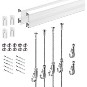 Picture Hanging System Click Rail Kits,in one Set Included Two of White Rails 59", Four of Steel Cables, six of Hooks, Four of end caps, and Installation Hardware
