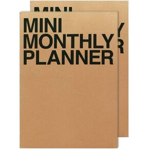 JSTORY Mini Monthly Planner Set of 2 Stitch Bound Flat Lay Pocket Size Year Round Flexible Cover Goal/Time Organizer Thick Paper Eco Friendly Customizable A7 16 Months 150 GSM 18 Sheets Each Kraft