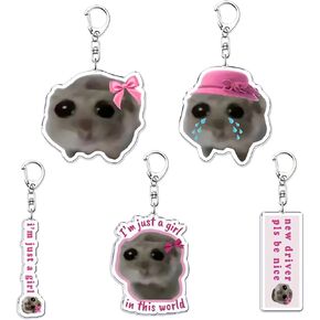 5 Pieces Sad Hamster Meme Keychain For Women Girl Cute Key Chain for Backpack Charm Accessories Funny Kawaii Keychains Set