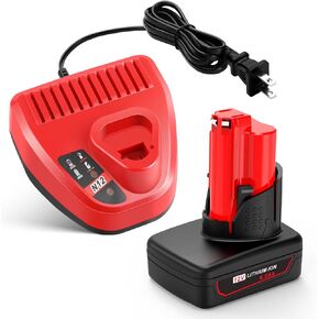 6000mAh High Capacity Replacement for Milwaukee 12V Battery and Rapid Charger Kit Compatible with Milwaukee 12V Batteries 48-11-2401 48-11-2402 48-11-2440 48-11-2411 C12 B C12 BX
