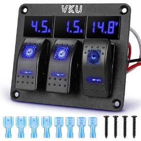 VKU 3 Gang Rocker Switch Panel with Ammeter and Voltmeter 12V 24V DC Switches Aluminum Panel 5Pin ON Off Toggle Switches for RV Cars Marine Boats ATVs Trailers
