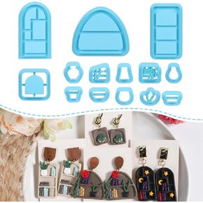 Sitsink Bookshelf Polymer Clay Cutters - 14 Pcs Bookcase Dangle Clay Cutters for Polymer Clay Earrings, Mini Potted Plant Clay Earring Cutters, 3D Books Polymer Clay Cutters for Jewelry Making