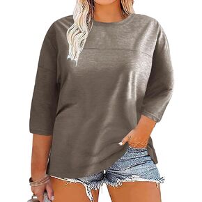 Women's Plus Size 3/4 Sleeve T-Shirts Casual Crew Neck Cute Tunic Tops Basic Solid Tees Shirts