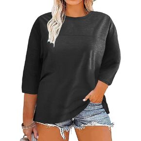 Women's Plus Size 3/4 Sleeve T-Shirts Casual Crew Neck Cute Tunic Tops Basic Solid Tees Shirts