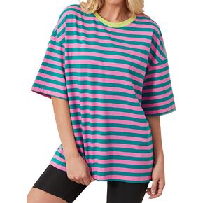 Women Oversized Striped Short Sleeve T-Shirts Color Block Crew Neck Basic Shirt Casual Loose Tops Summer Tee Shirt