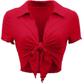 LovelyWholesale Women's Sexy Ribbed Summer Crop Top Lettuce Trim Tie Front Shirts