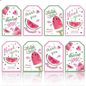 Whaline 100Pcs Summer Thank You Gift Tags Watermelon Present Paper Tags with Jute Twine 4 Design Summer Hanging Label for Gift Wrapping Business Birthday Baby Shower Wedding Supplies